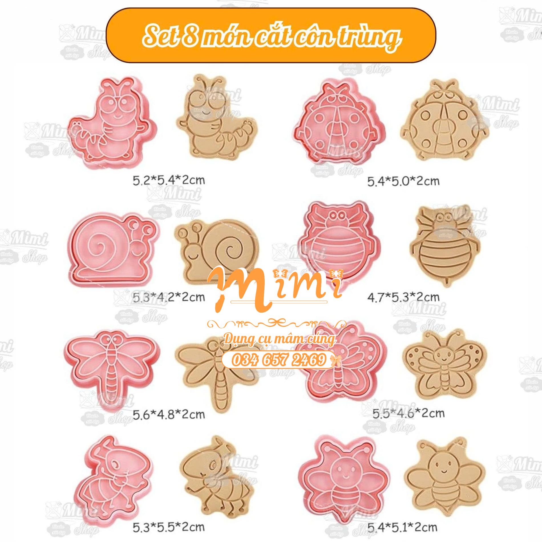 Sét 8 khuôn nhấn CÔN TRÙNG cutter bánh cookie nhấn đậu